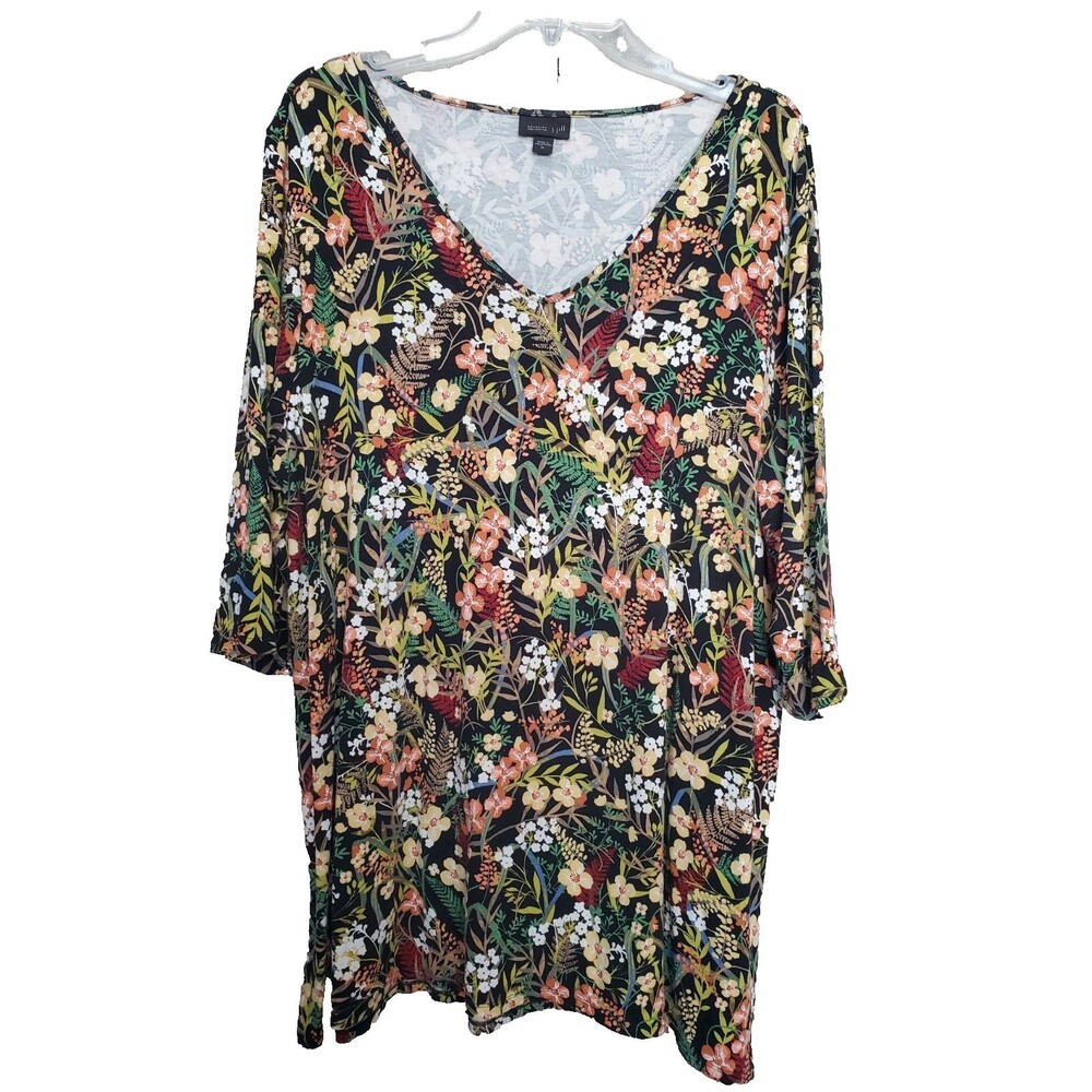 J Jill Wearever Collection Jersey Knit Floral V-Neck Tunic Size XL Lagenlook